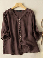 Women Solid V-Neck Button Front Cotton 3/4 Sleeve Shirt