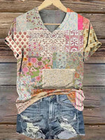 LilyWish Vintage Floral Print V-neck Short Sleeve T-Shirt