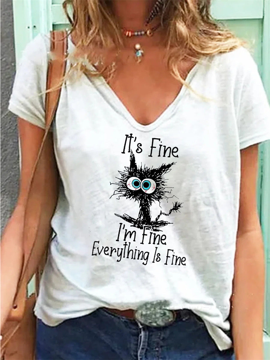 LilyWish Cat Alphabet Print V-neck Short Sleeves T-shirt