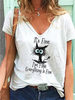 LilyWish Cat Alphabet Print V-neck Short Sleeves T-shirt