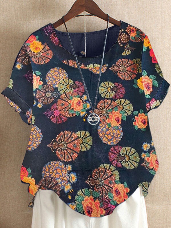 LilyWish Floral Printed Casual Round Neck Blouse
