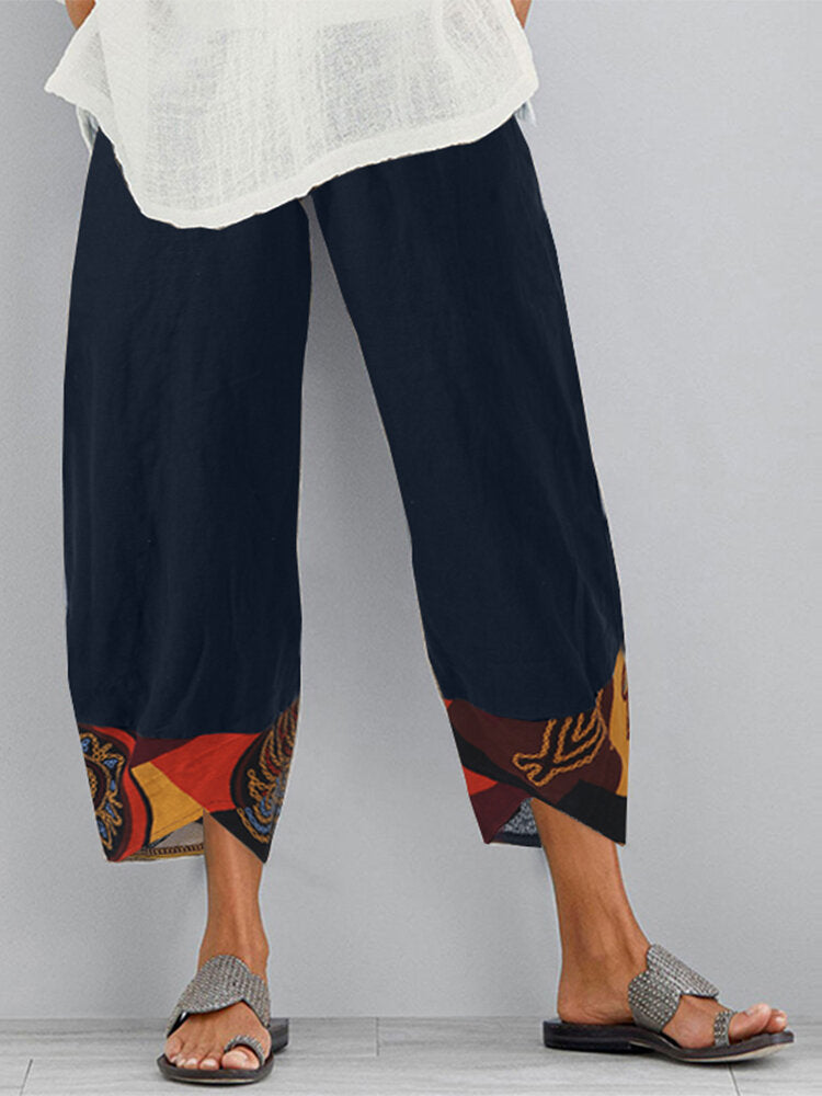 Navy Geometric Casual Pants with Pockets