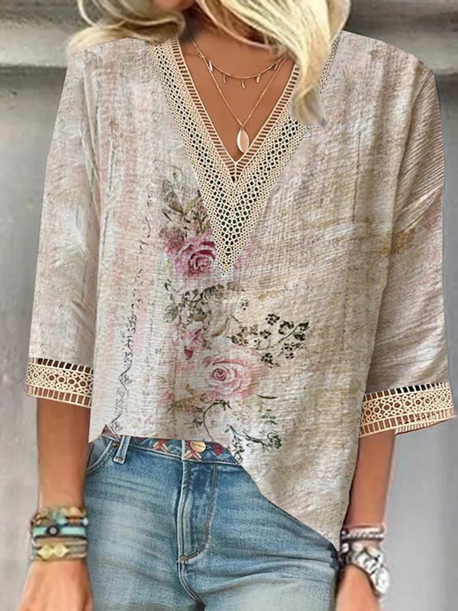 LilyWish Dreamy Floral Print V-neck 3/4 Sleeve Top