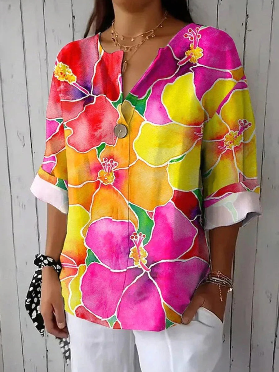 LilyWish Romantic V-Neck Floral Print Long Sleeve Top