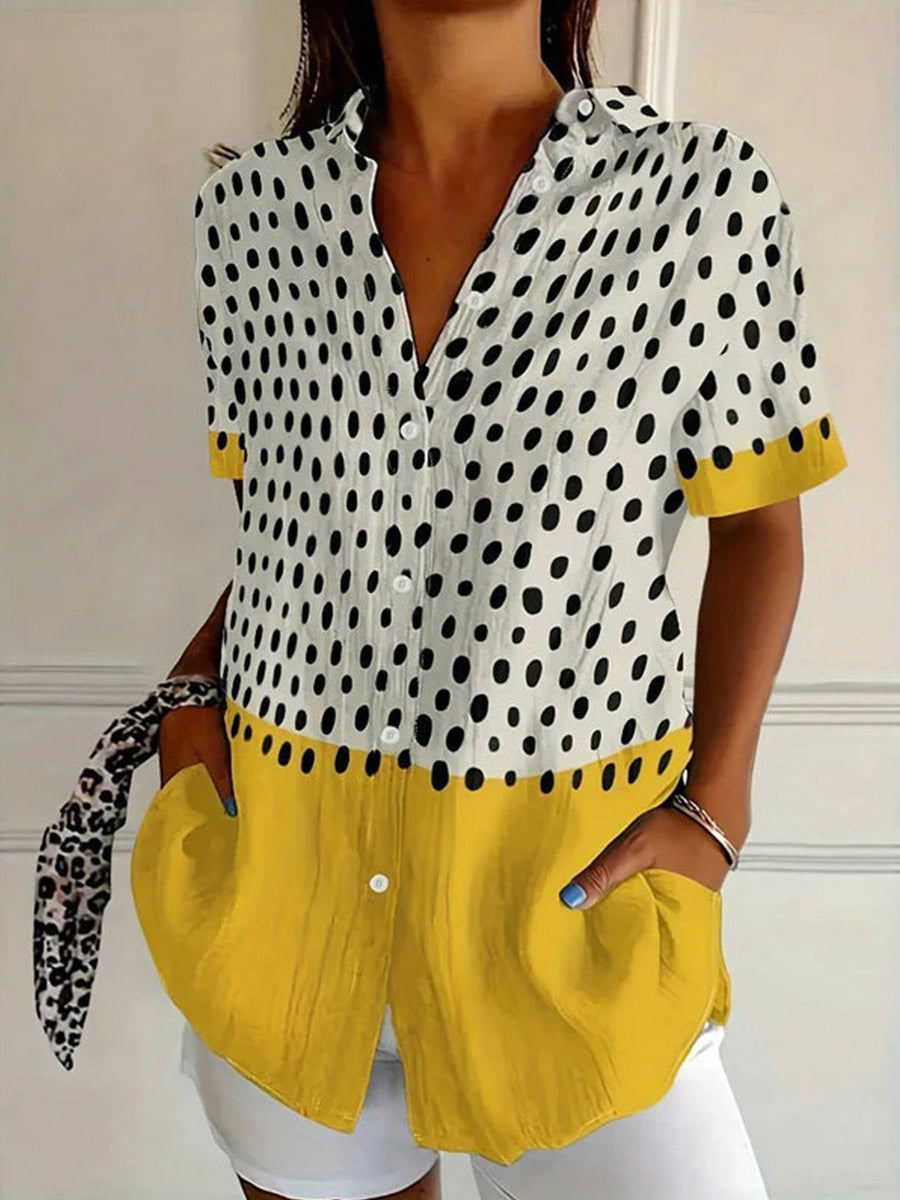 LilyWish Colour Block Polka Dot Short Sleeve Blouse