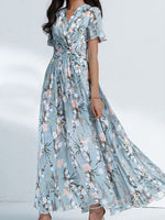 Blue Floral Print V-neck Short Sleeve Dress