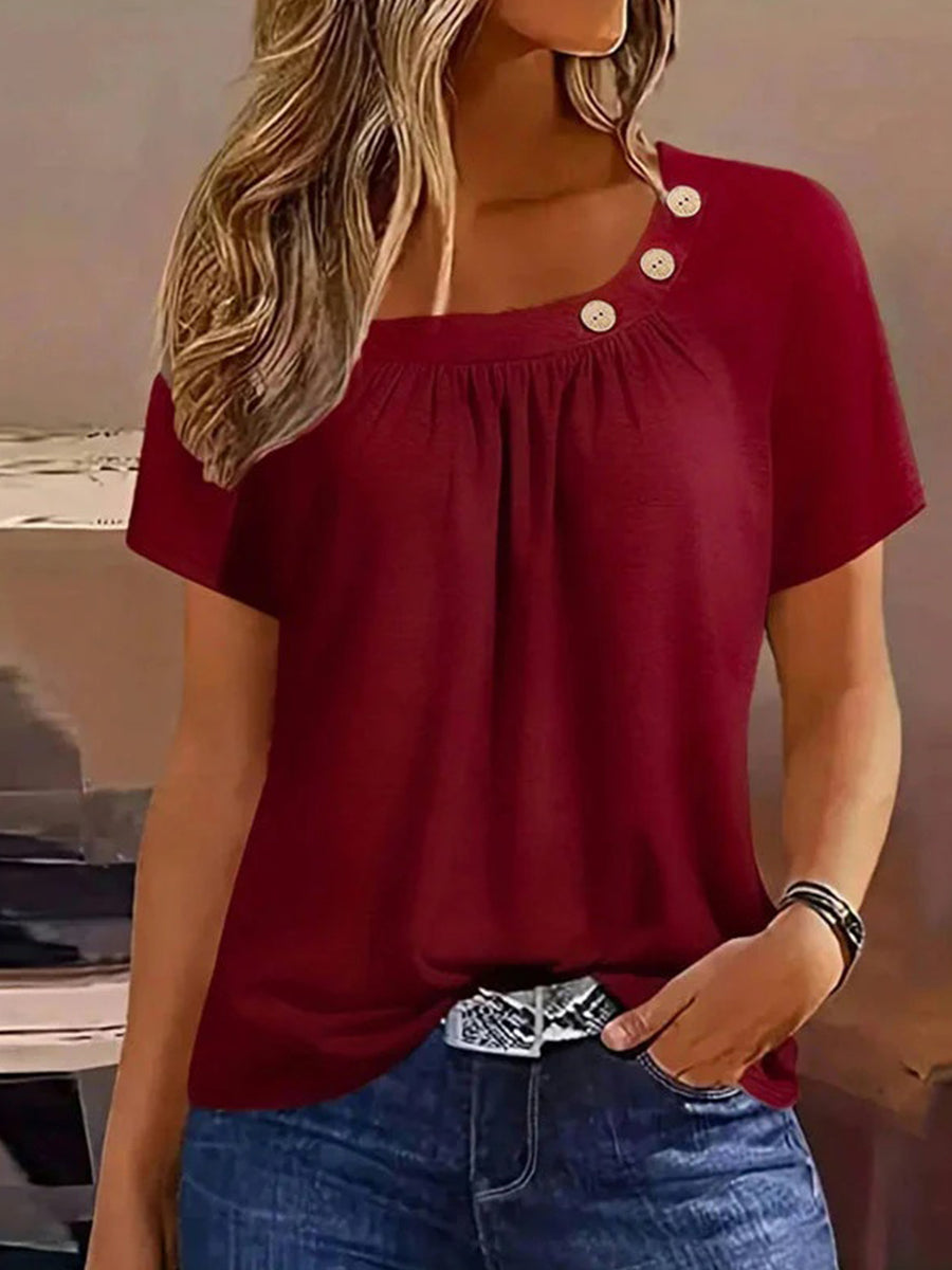 LilyWish Vintage Solid Colour Square Neck Short Sleeve Blouse