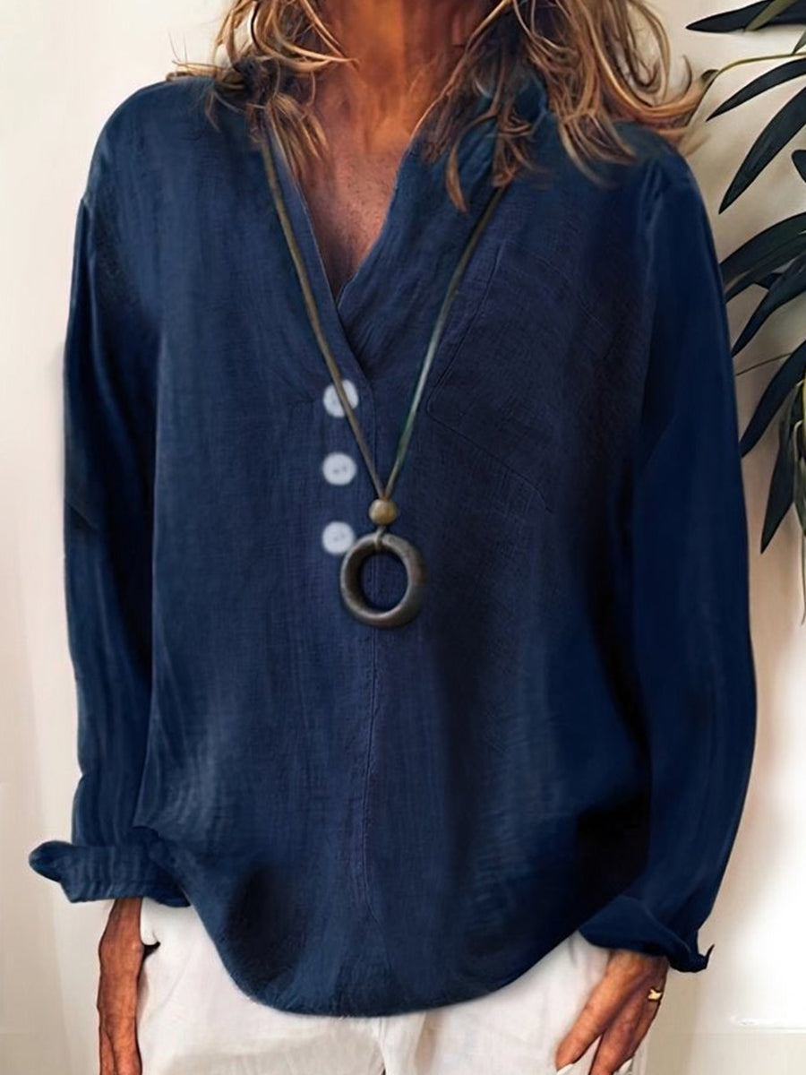 LilyWish Plain Solid Button V Neck Casual Cotton Long Sleeve Blouse