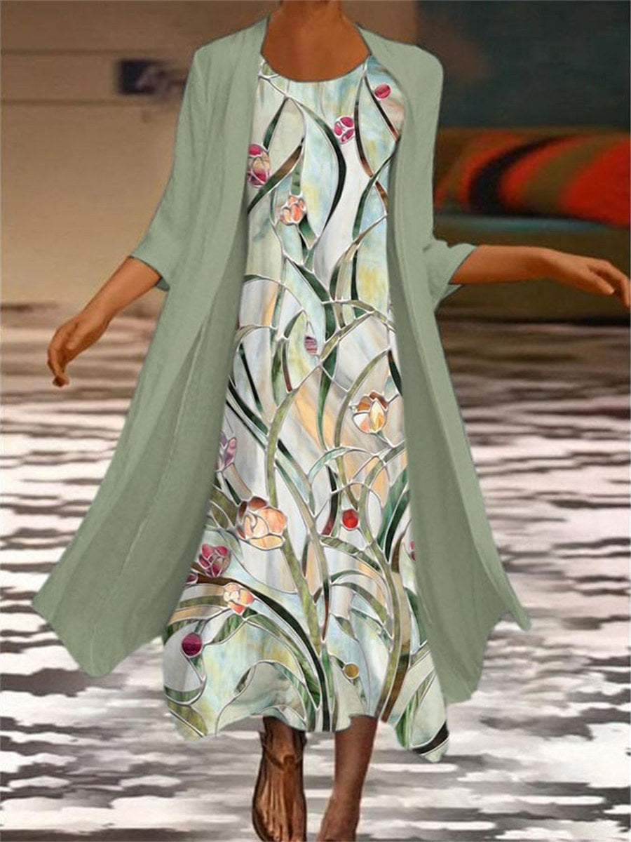 Women¡¯s Floral Print Two-Piece Maxi Dress with Outerwear
