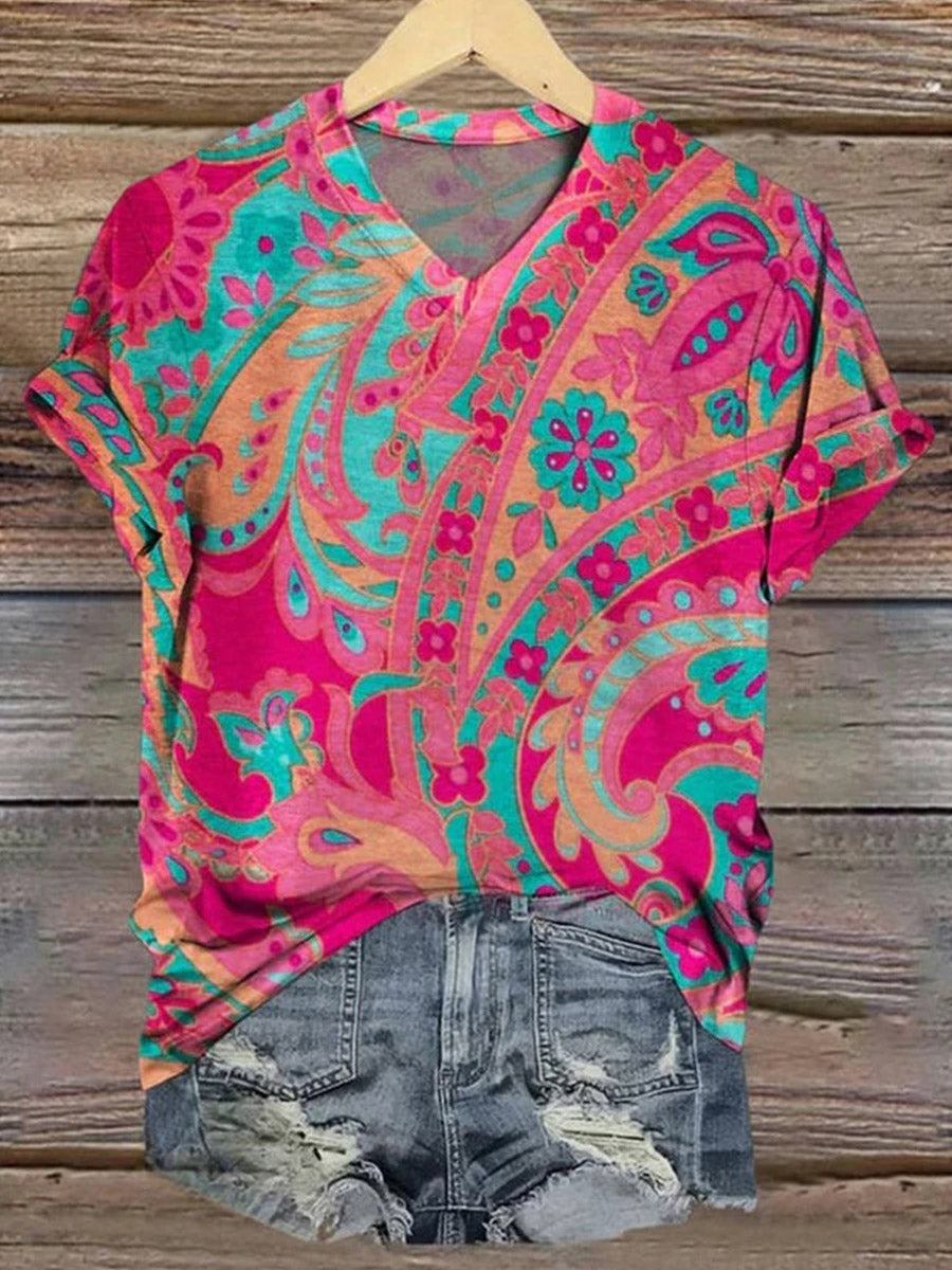 LilyWish Vintage Floral Print V-neck Short Sleeve T-Shirt