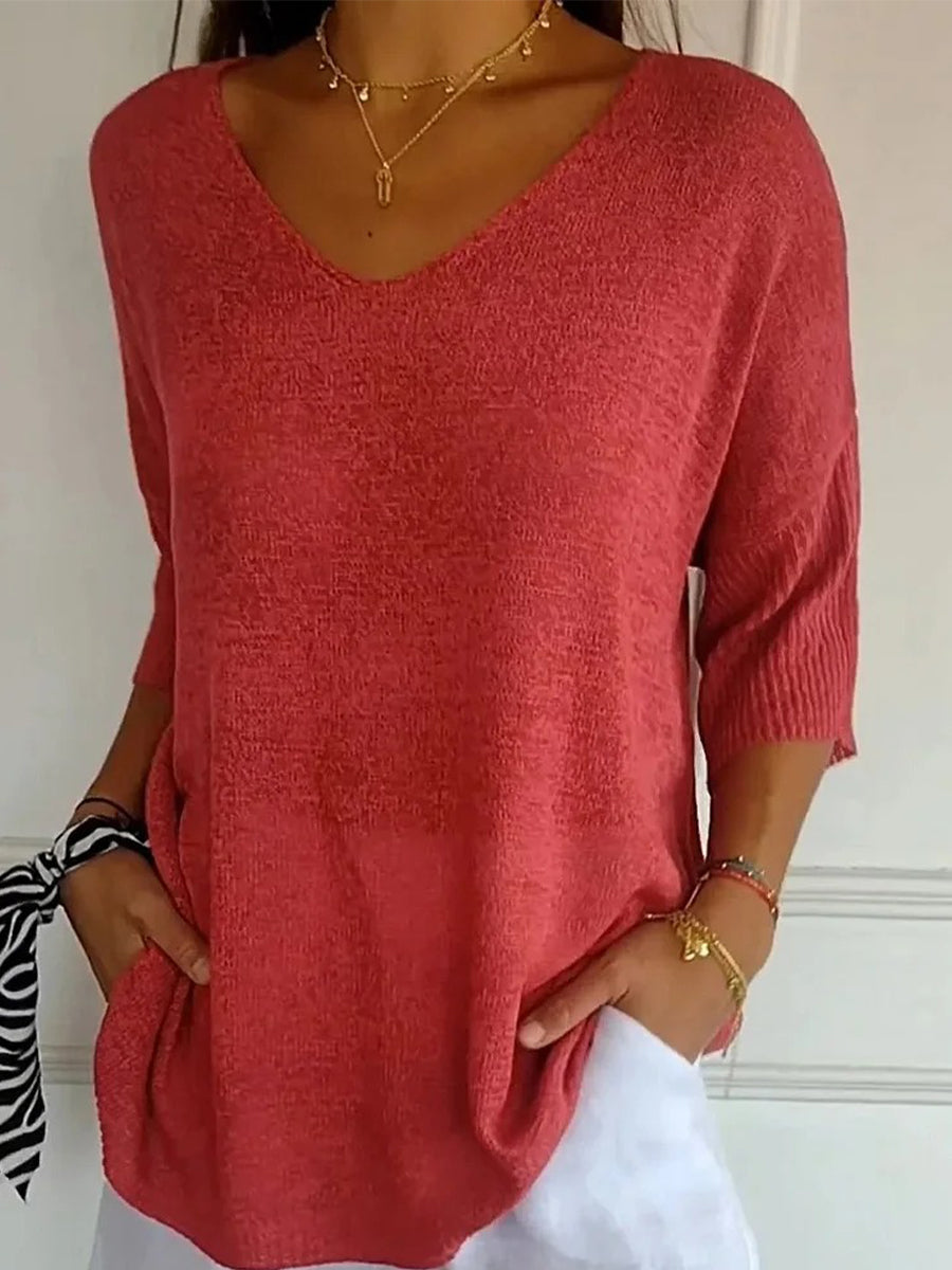 LilyWish Women's Casual V-Neck 3/4 Sleeve Loose Knit Top