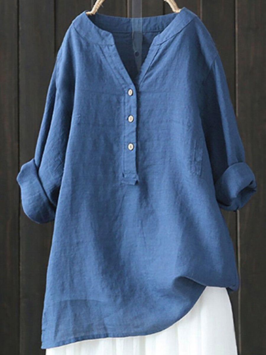 LilyWish Standing Collar Solid Color Button Up Long Sleeve Top