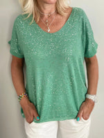 Green Casual Round Neck Short Sleeve Solid Sequins Blouse