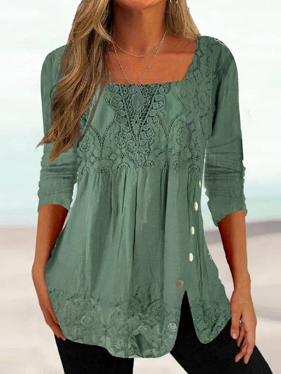 Women's Lace Patchwork Square Neck Tunic Top with Side Buttons