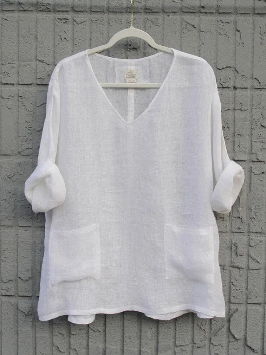 LilyWish White Casual V Neck Solid Long Sleeve Blouse