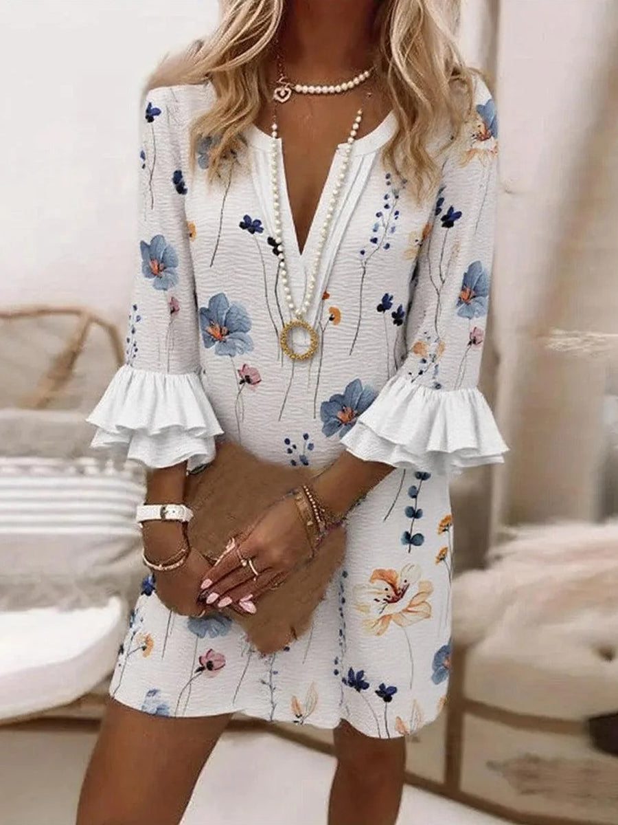 Floral Print V-neck 3/4 Sleeve Mini Dress