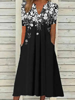 LilyWish Vintage Floral Print V-neck Short Sleeve Dress