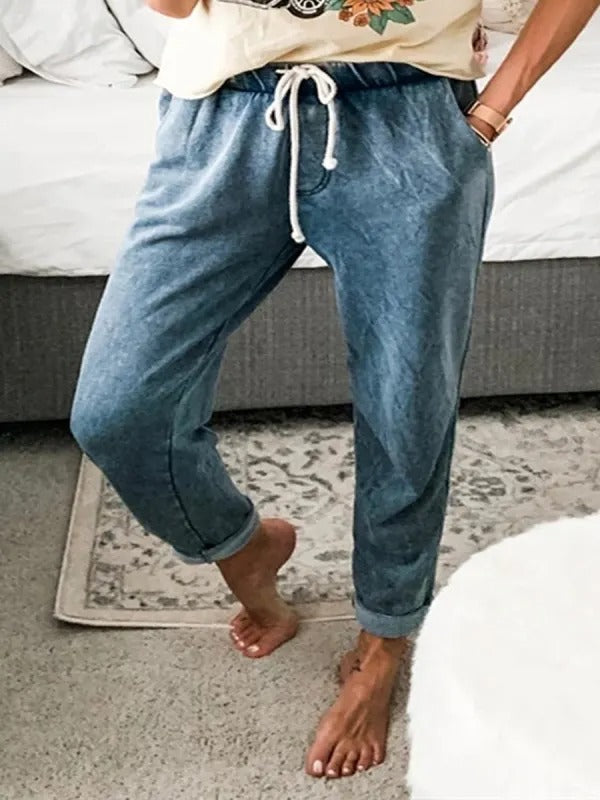 Blue Casual Solid Drawstring Jeans
