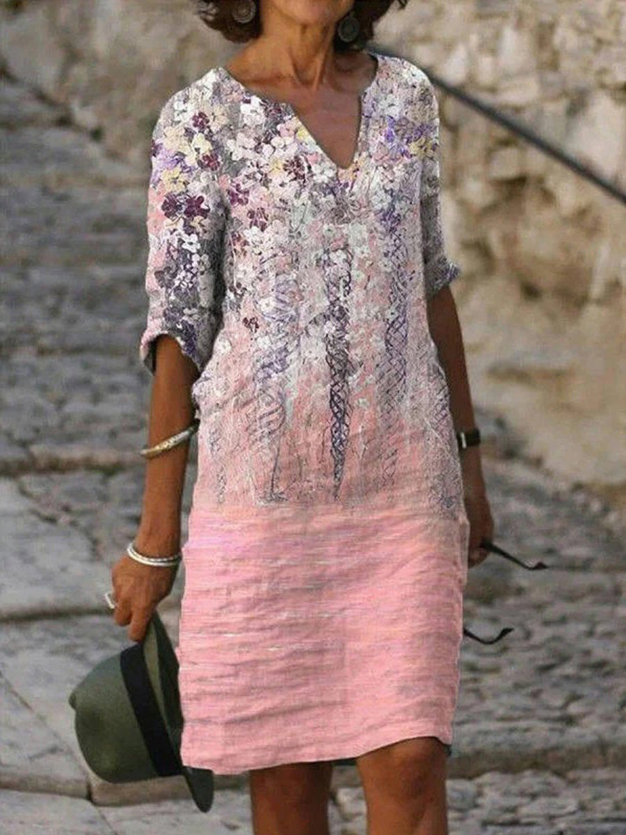 LilyWish Vintage Floral Print V-neck Half Sleeve Dress