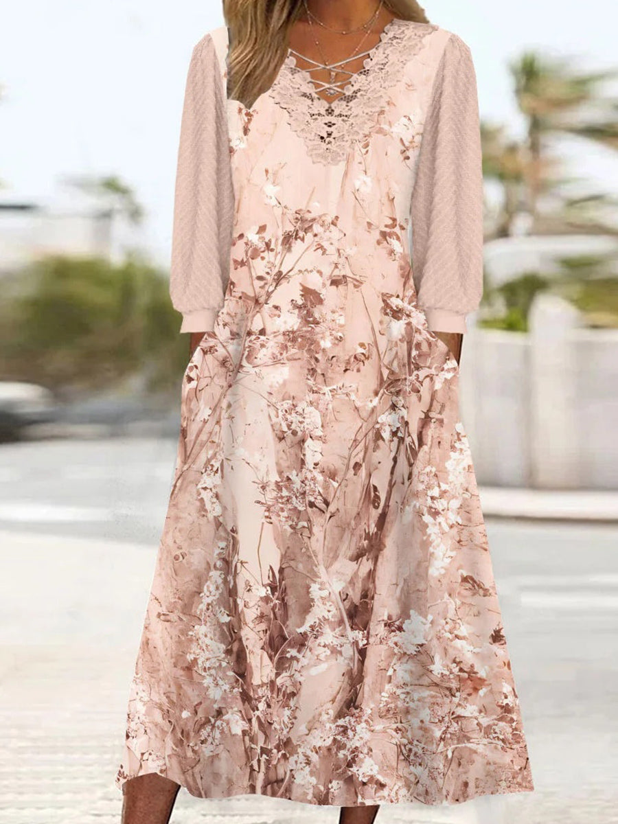 Women's Long Sleeve V-neck Floral Printed Lace Stitching Midi Dress