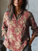 Lapel Long Sleeve Floral Printed Red Shirt