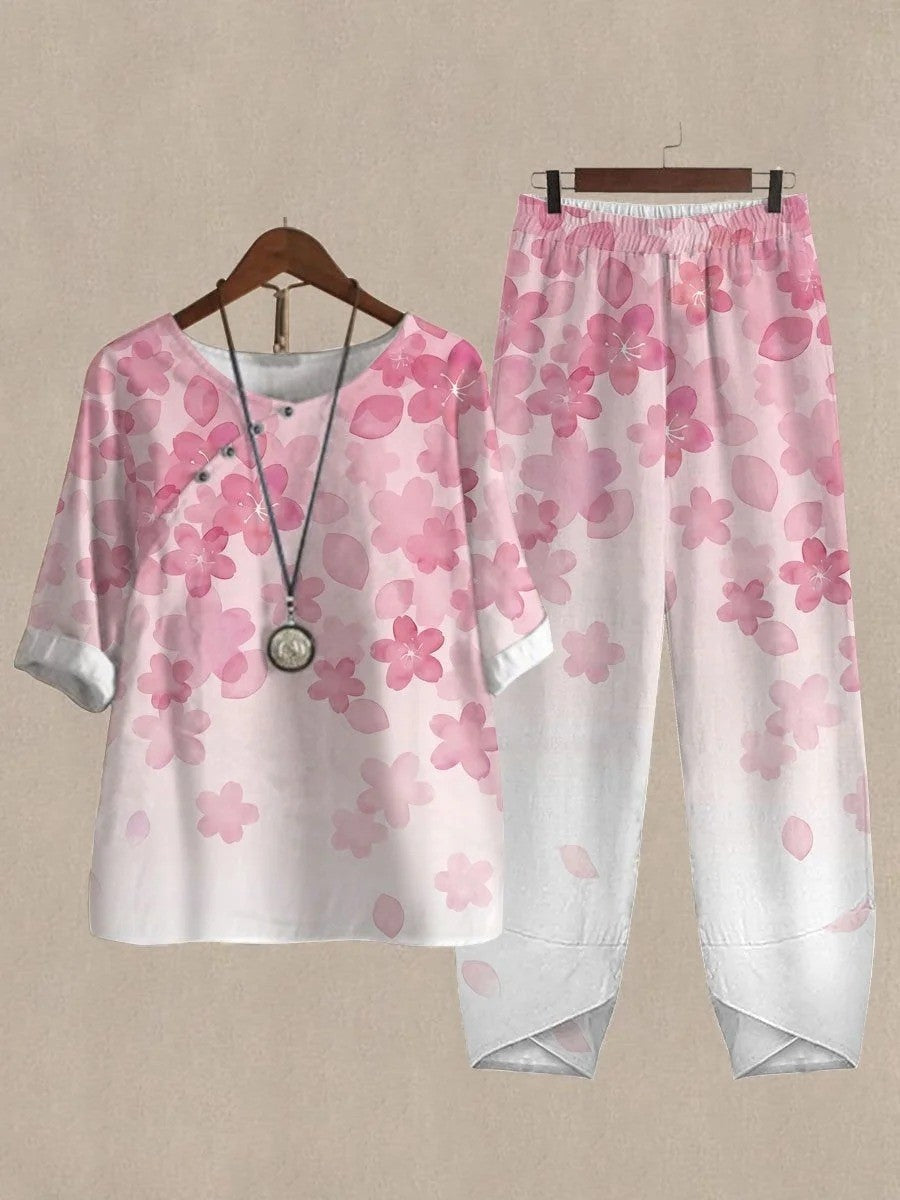 Pink Casual Round Neck Floral Printed Half Sleeve Two Piece Suit