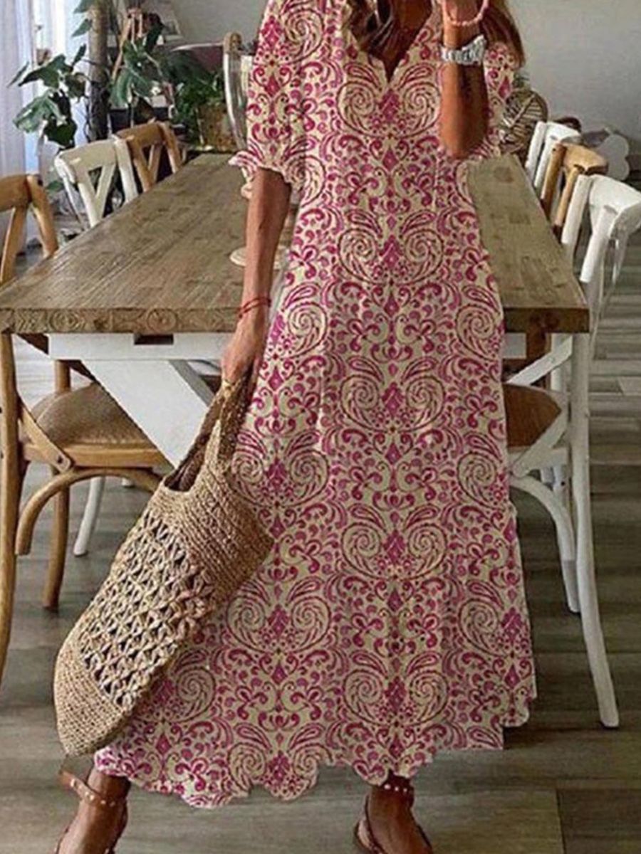 Red Casual V Neck Printed Short Sleeve Dress