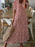 Red Casual V Neck Printed Short Sleeve Dress