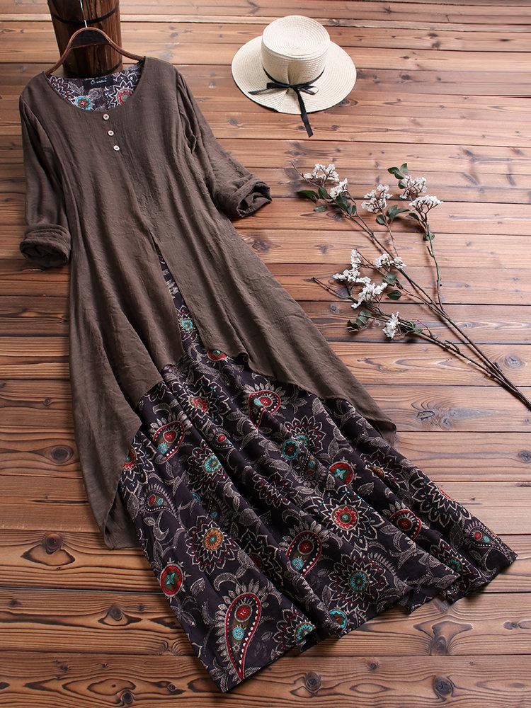 LilyWish Vintage Print Patchwork Pokcet Long Sleeve Plus Size Maxi Dress