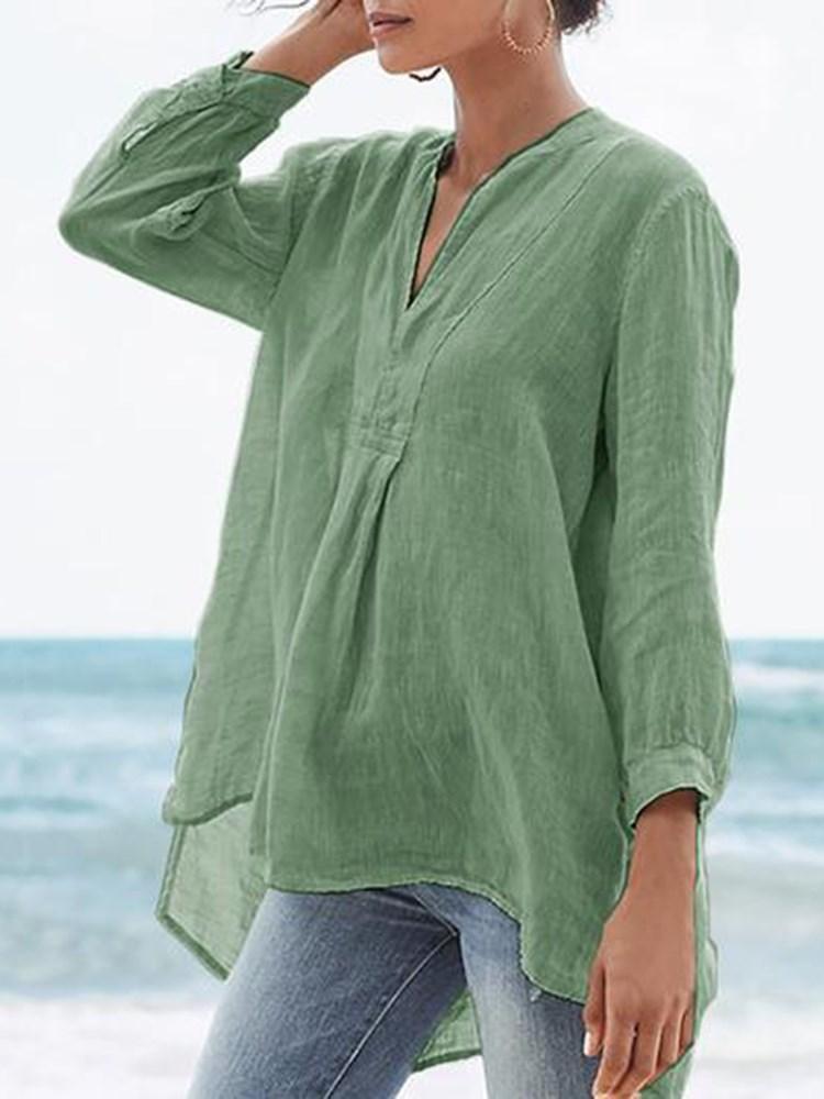 LilyWish Asymmetric Plain V-Neck Mid-Length Nine Points Sleeve Blouse
