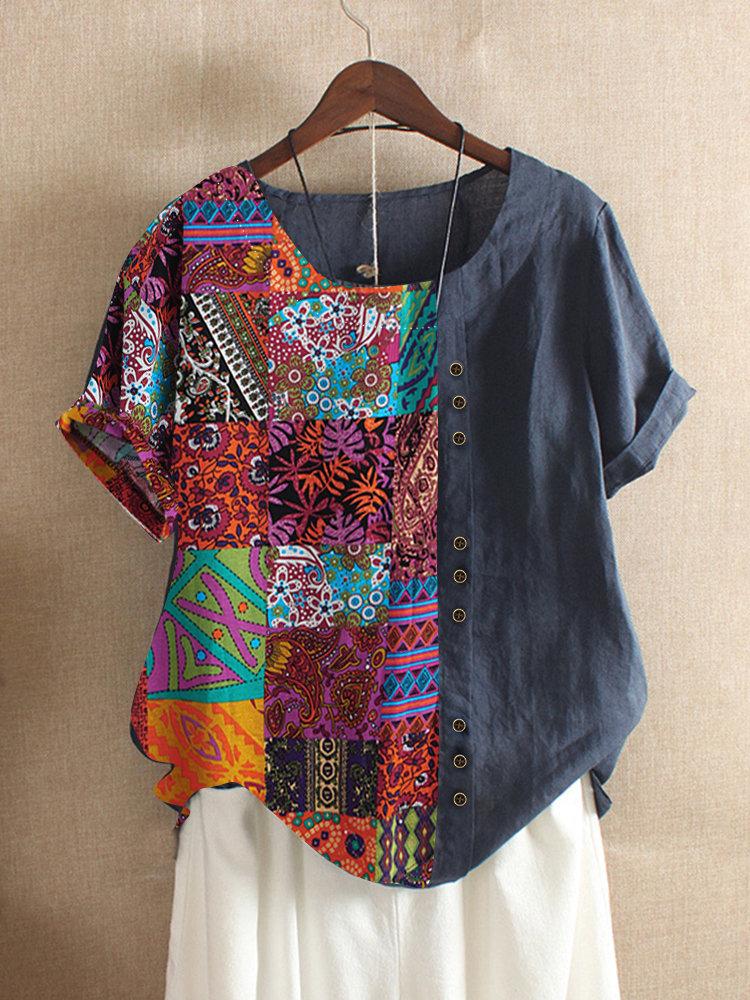 LilyWish Folk Style Print Patchwork Short Sleeve Summer Blouse