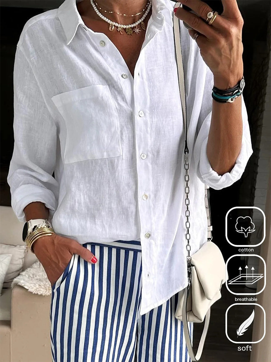 LilyWish White Daily Buttoned Long Sleeve Pocket V Neck Shirt