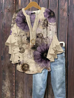 LilyWish Vintage Floral Print V-neck Half Sleeve Blouse