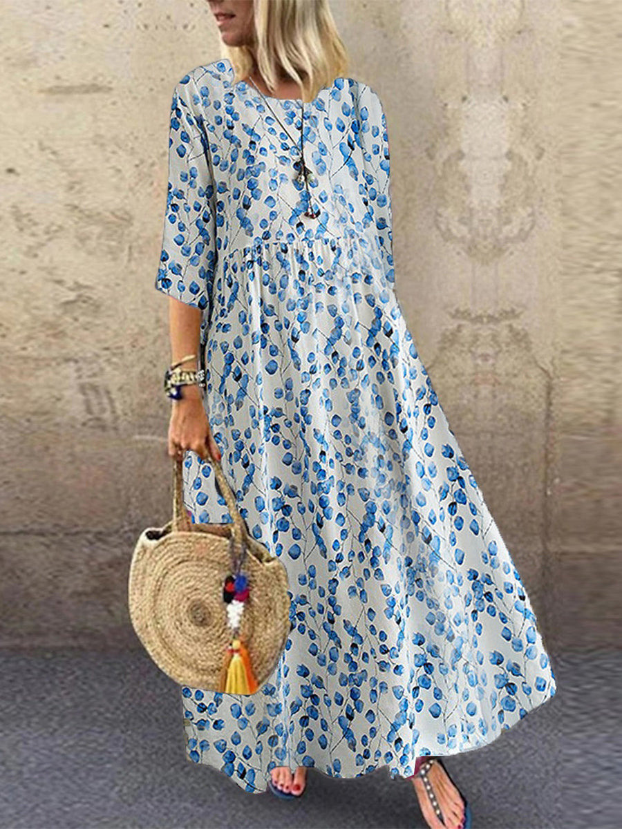 Blue Floral Half Sleeve Maxi Dress