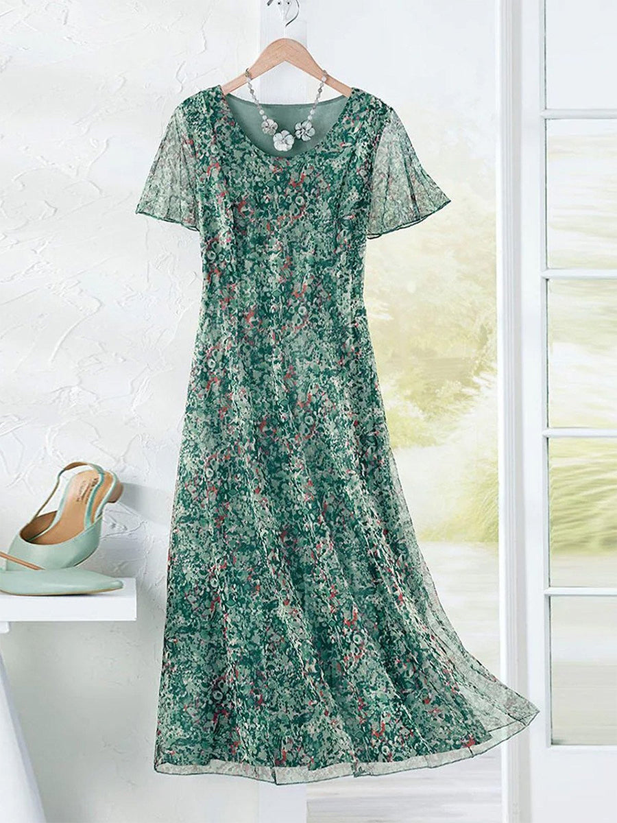 Women¡¯s Elegant Green Floral Chiffon Midi Dress