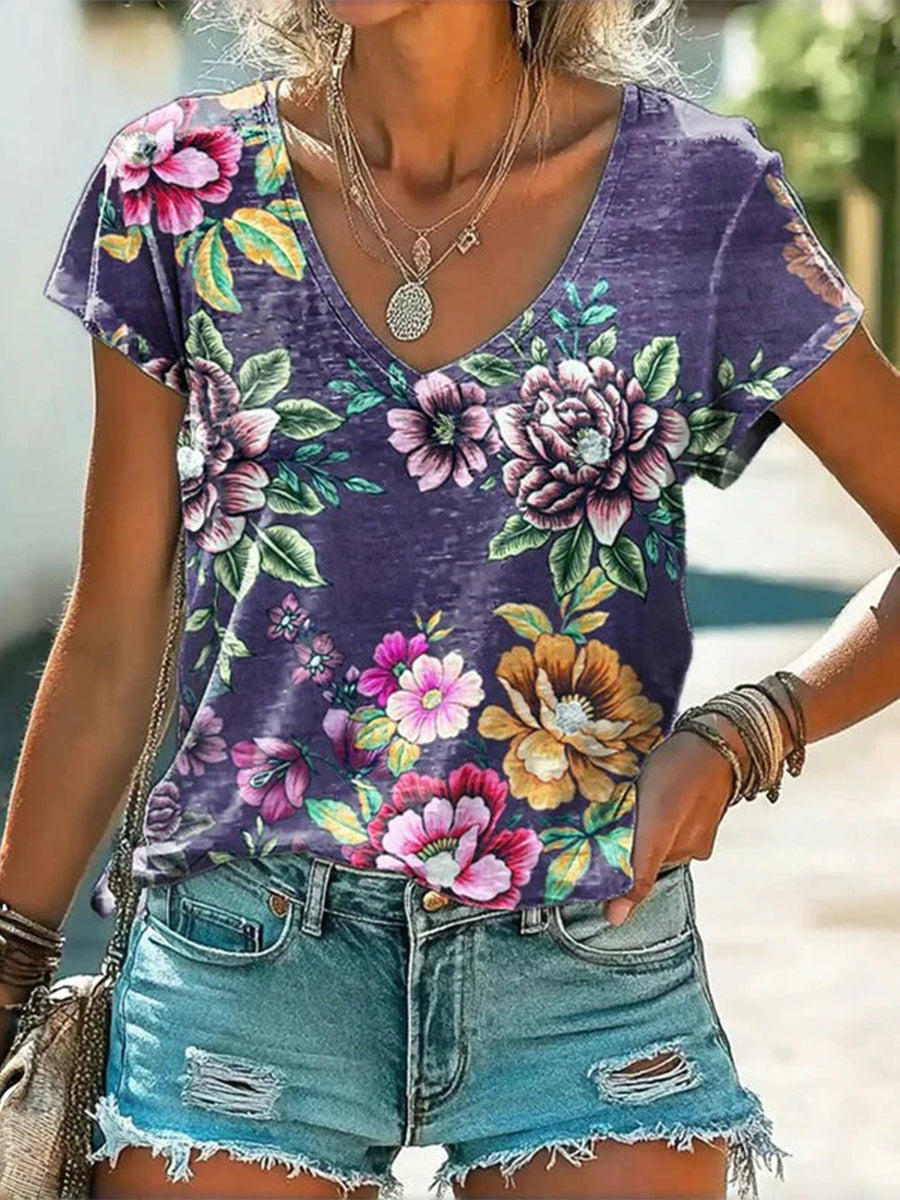 LilyWish Vintage Floral Print V-neck Short Sleeve T-Shirt