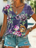 LilyWish Vintage Floral Print V-neck Short Sleeve T-Shirt