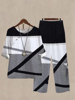 Grey Casual Round Neck Color Block Printed Daily Two Piece Suit