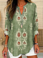 LilyWish Green Long Sleeve Ethnic Regular Loose Blouse