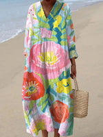 LilyWish Floral Print V-neck Long Sleeve Dress