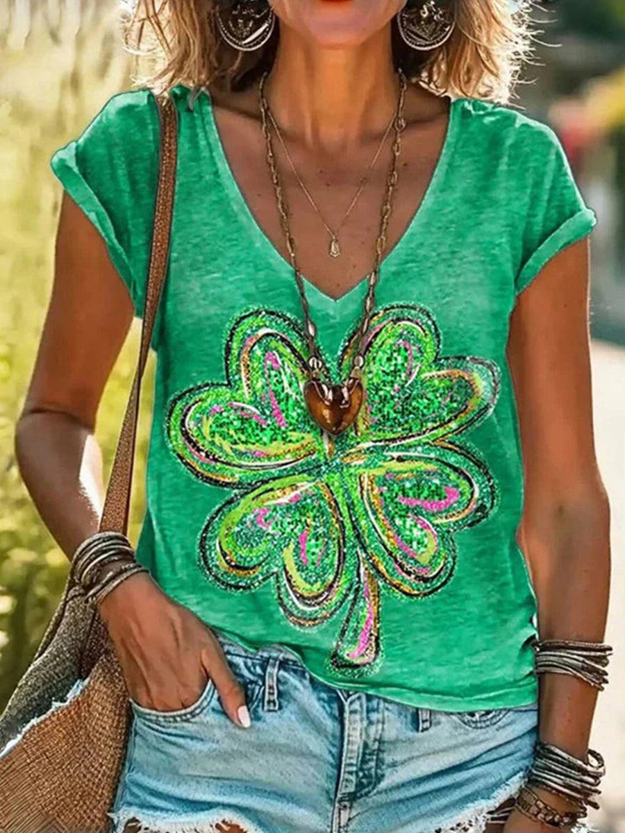 LilyWish Four-Leaf Clover Print V-neck Short Sleeve T-Shirt
