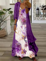 LilyWish Women's Long Sleeve V-neck Graphic Printed Two Pieces Maxi Dress