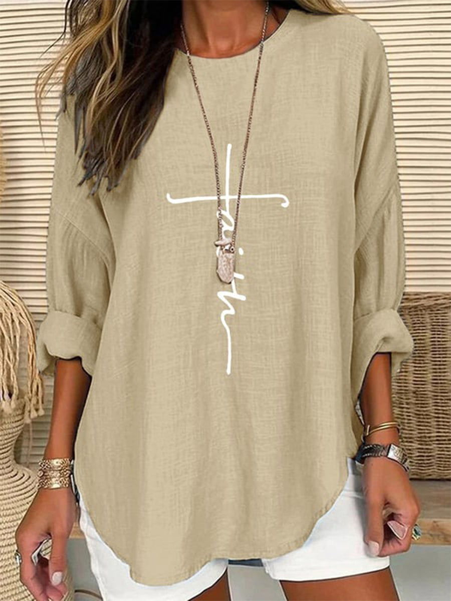 LilyWish Faith Print Casual Long Sleeve Crew Neck Shirt