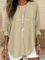 LilyWish Faith Print Casual Long Sleeve Crew Neck Shirt