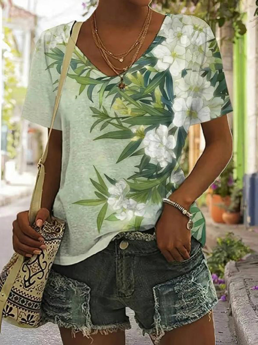 LilyWish Vintage Floral Print V-neck Short Sleeve T-Shirt