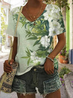 LilyWish Vintage Floral Print V-neck Short Sleeve T-Shirt