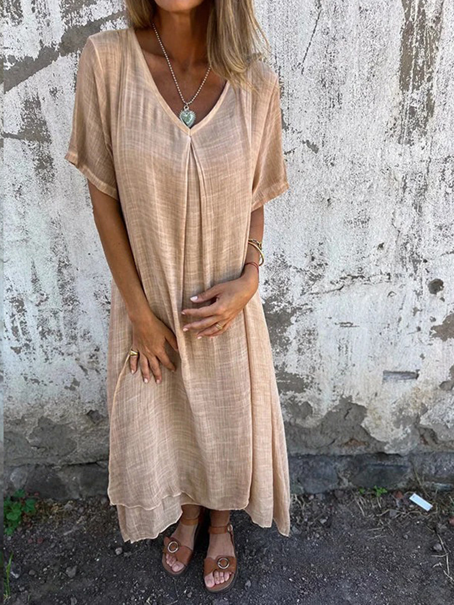 Cotton And Linen V-Neck Midi Dress