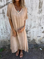 Cotton And Linen V-Neck Midi Dress