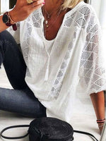 LilyWish Solid Color Leisure Hollow O-neck 3/4 Sleeve Casual Blouse