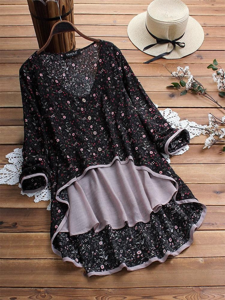 Women's Floral Print Patchwork Long Sleeve Irregular Hem Blouse